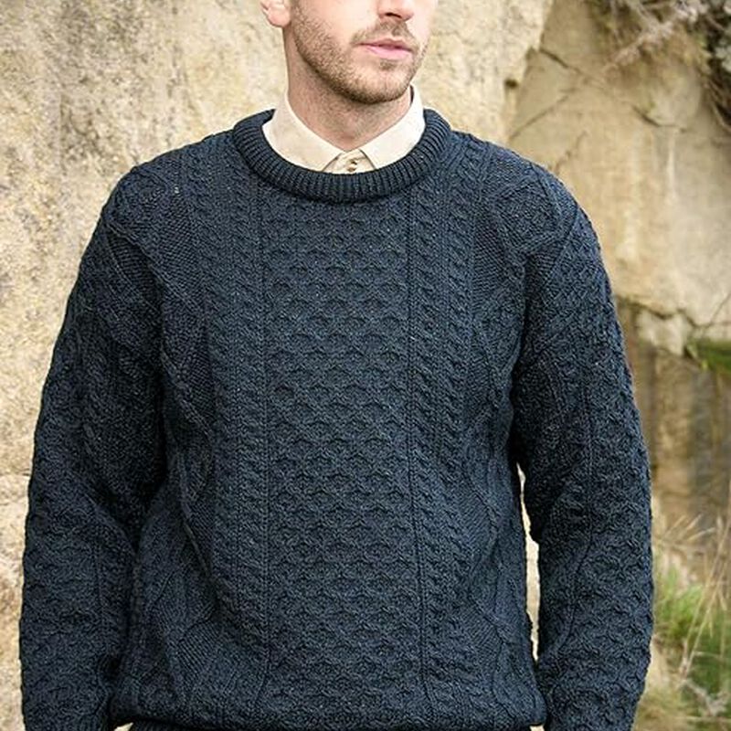 Men's Aran Cable Knit Crew Neck Wool Sweater - Blackwatch